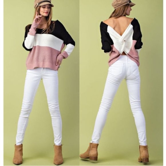 V-Neck Color Block Twisted Knot Back Sweater - Picture 4 of 5